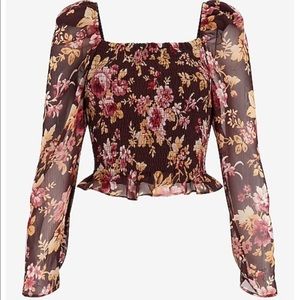 Express | Burgundy Floral Square Neck Smocked Body Top